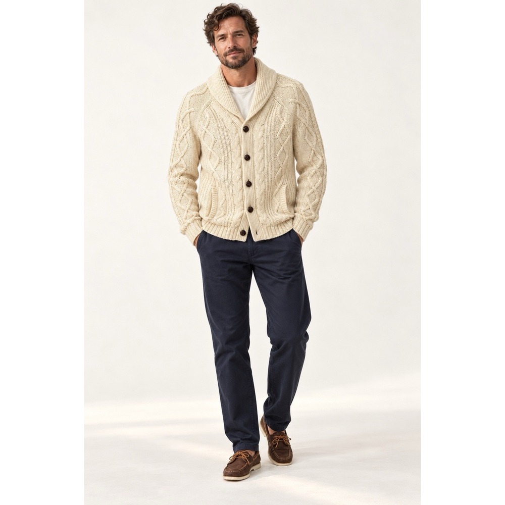 H.E. by Mango Men's S Cream Wool Cable Knit Shawl Collar Cardigan Sweater
